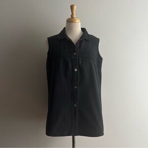 Vintage 1980s Black Sleeveless 100% Cotton Button Down Shirt / M